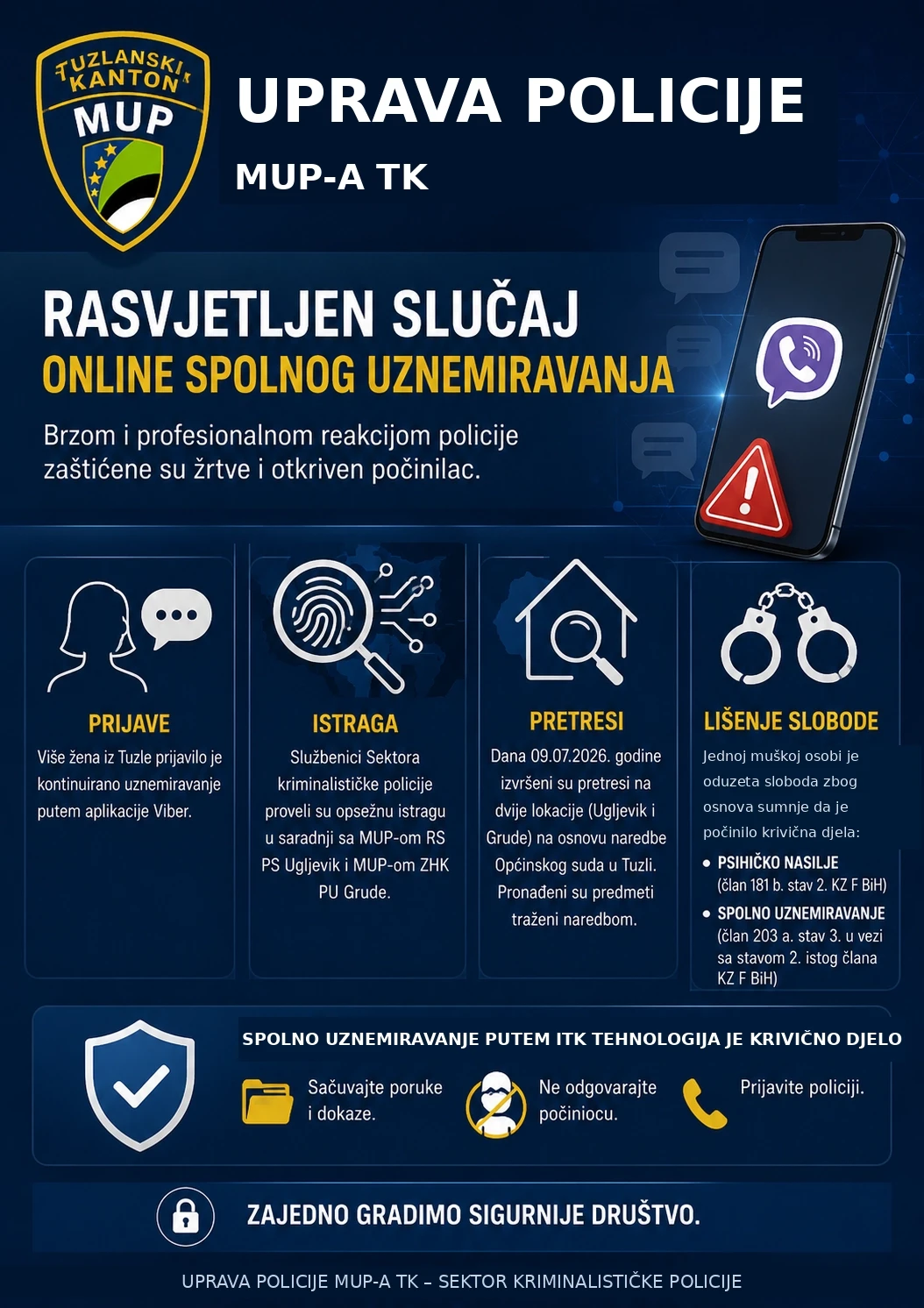 Uprava policije MUP TK-a - istražitelji Sektora kriminalističke policije rasvijetlili krivična djela "Psihičko nasilje" i "Spolno uznemiravanje", jednom licu oduzeta sloboda